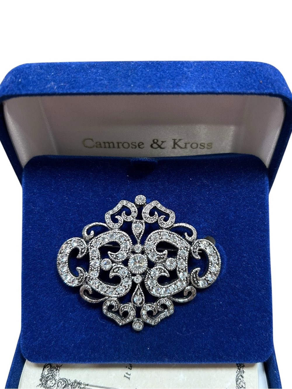 New in box Jacqueline Kennedy Camrose & Kross Silver Rhinestone Scroll brooch